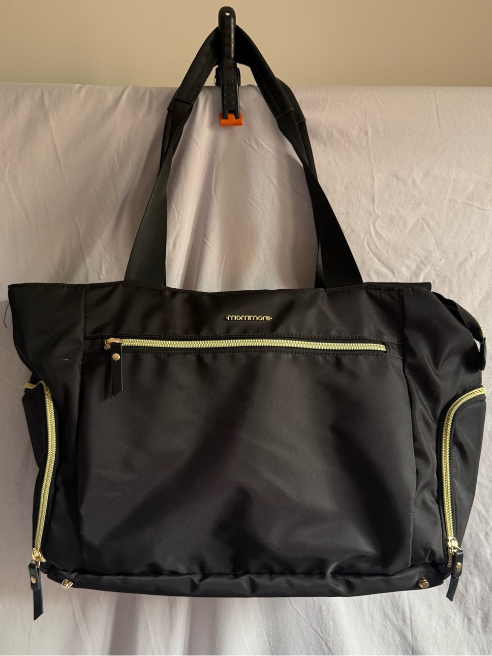 Mommore Black Nylon Breast Pumo Tote with Gold Zippers